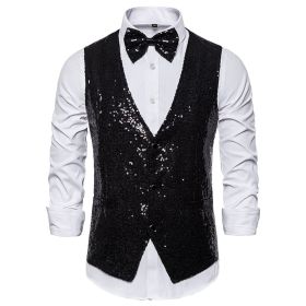 Men's Sequin Vest Shiny Suit Vest V-neck Party Dress (Color: Black, size: 2XL)