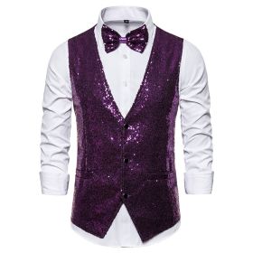 Men's Sequin Vest Shiny Suit Vest V-neck Party Dress (Color: Purple, size: XL)
