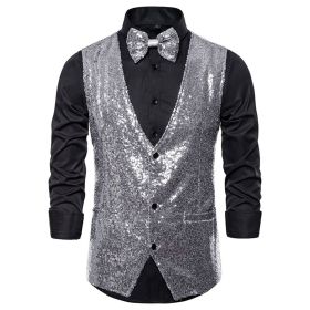 Men's Sequin Vest Shiny Suit Vest V-neck Party Dress (Color: Silver, size: M)