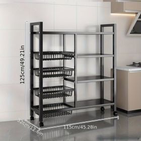 4-layer rolling mesh basket storage rack, universal roller skates for easy cleaning and storage, vegetable basket storage rack, kitchen storage rack (Color: Black, size: 115cm)